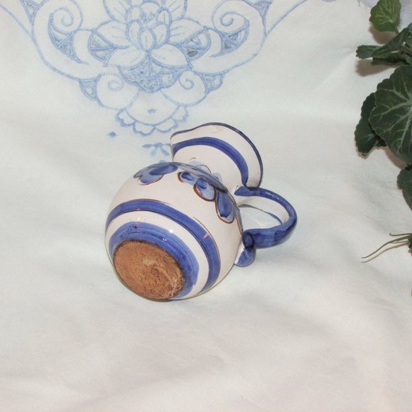 Blue & White Hand Painted Pottery Pitcher Small 4" Floral Decorative Folkart - Picture 5 of 8